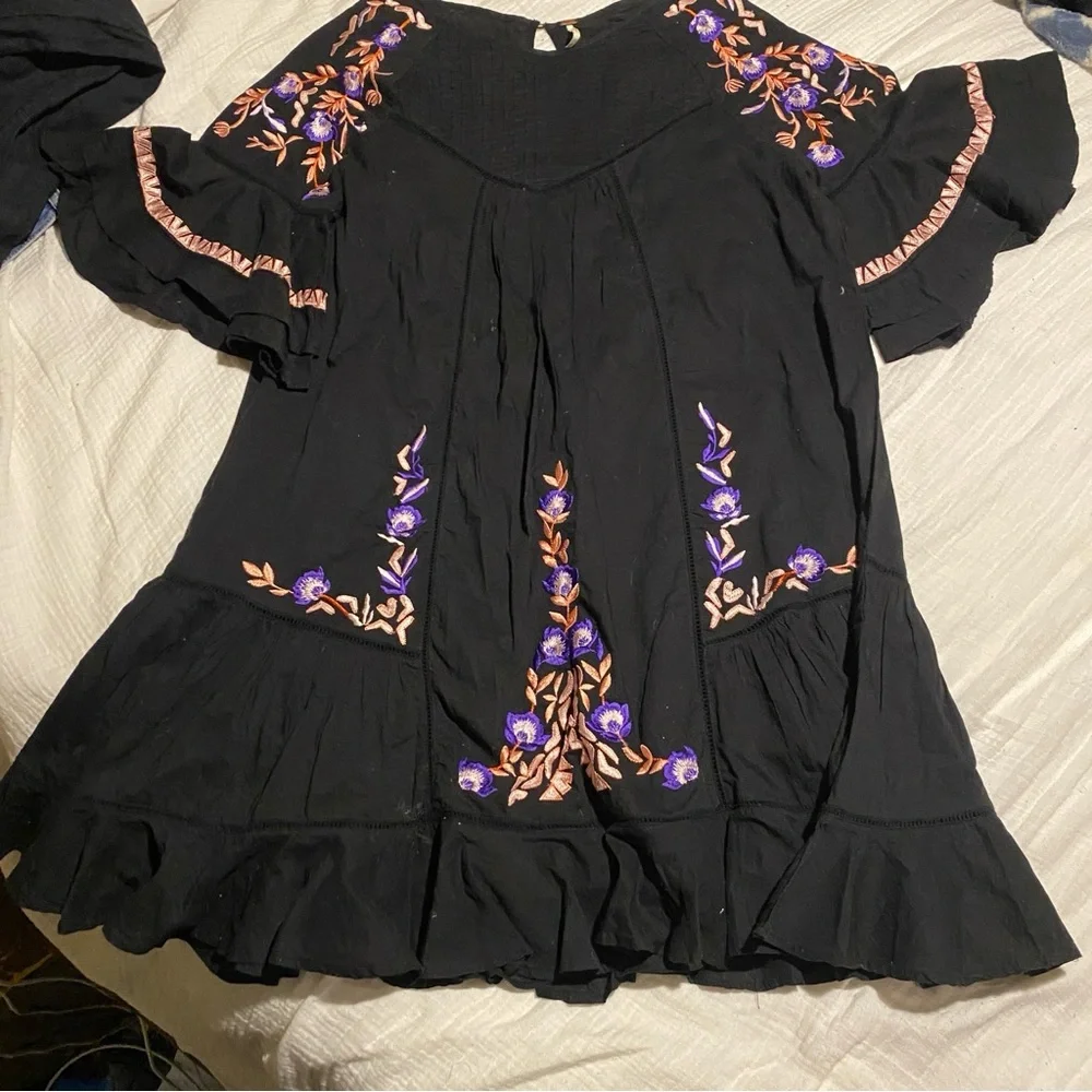 FREE PEOPLE pavlo A-line black flutter sleeve dress cotton embroidered M western
